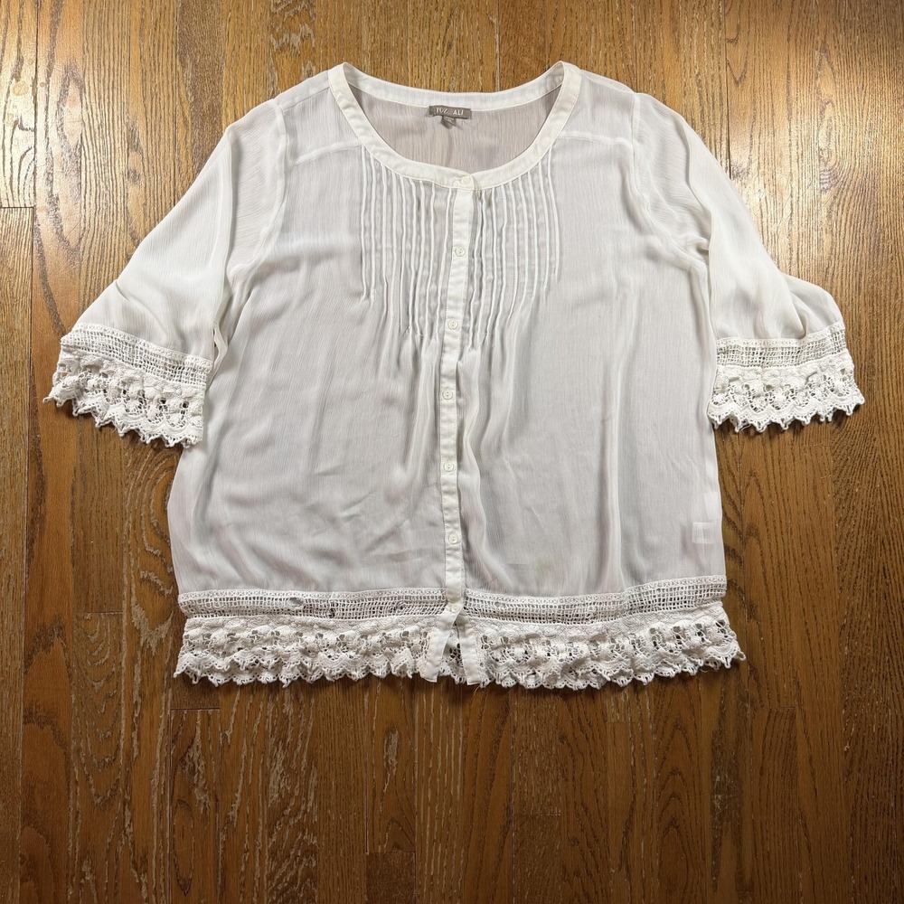 Roz And‎ Ali Blouse Womens 3X White Crochet Lace Hem 3/4 Sleeve Tunic Top